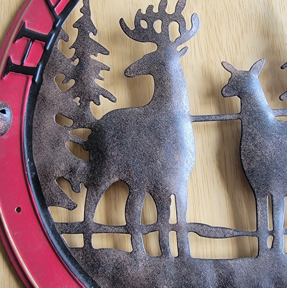 St. Nicholas Square Red and Brown Deer Metal Holiday Wreath With Bells. - Picture 6 of 10